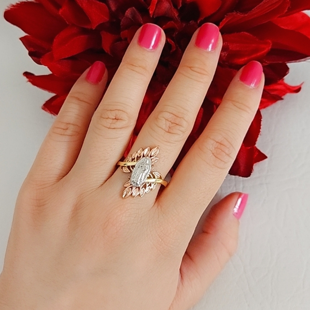 Lady of Guadalupe Tri Color Leaf Gold Plated Ring